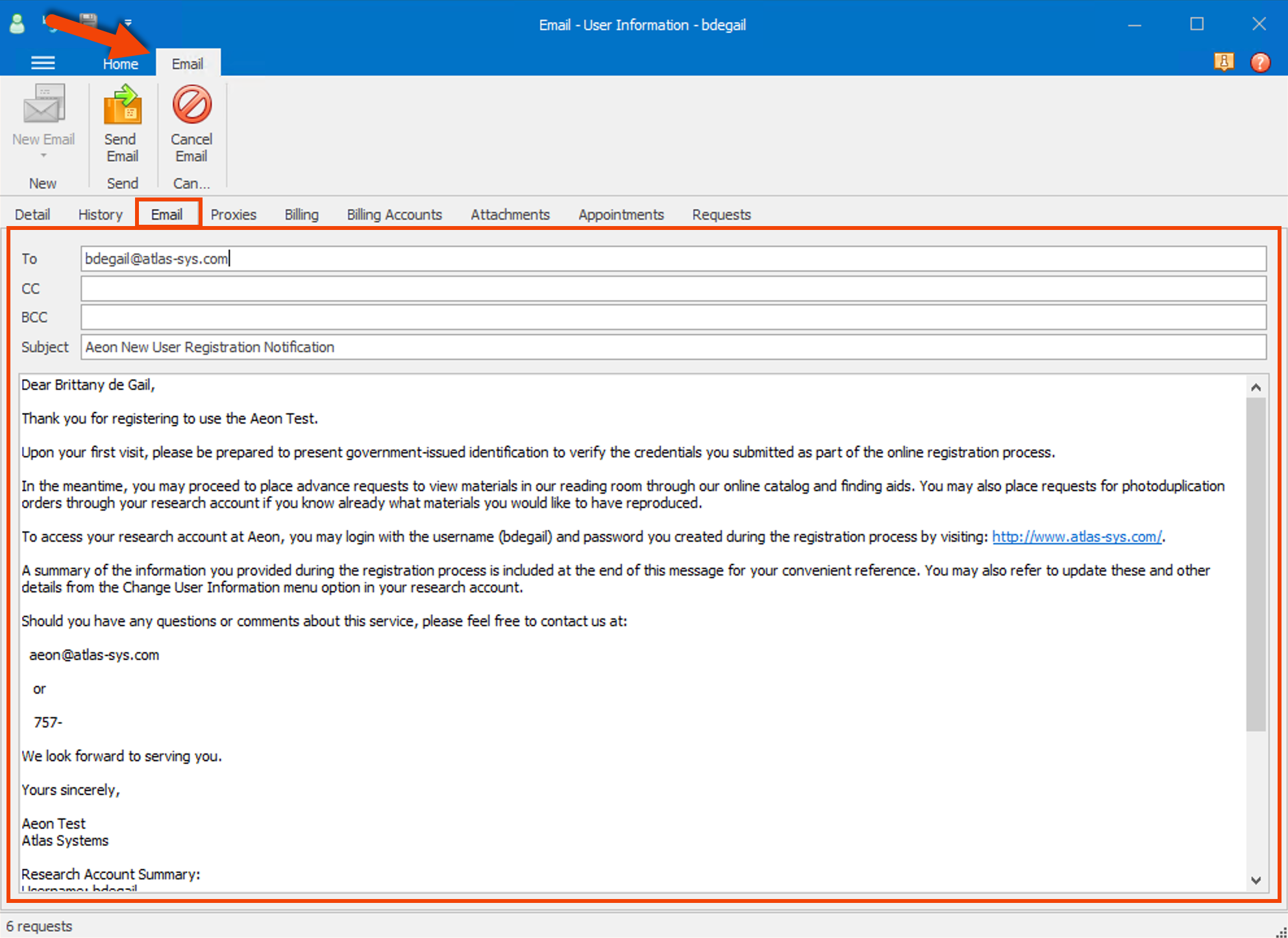 NewUserRegistration email example in the Aeon Client